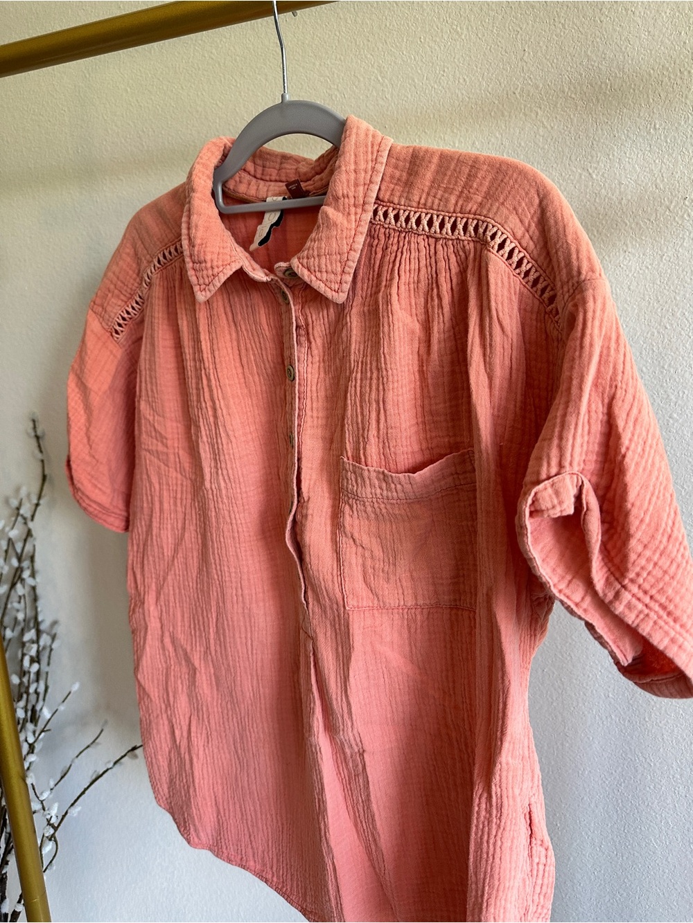 Anthropologie Pilcro Coral Pink Relaxed Gauze Button-Down Shirt